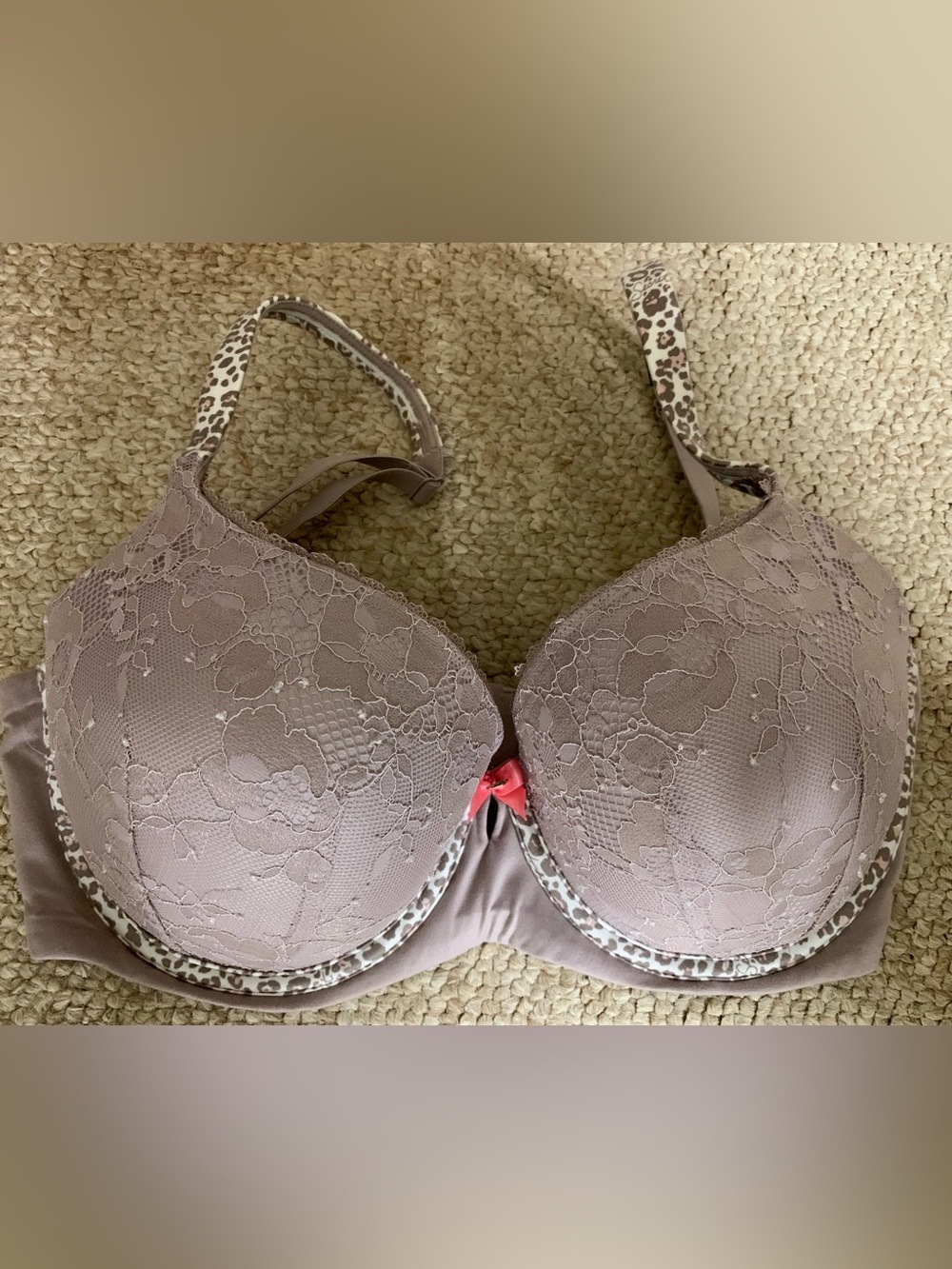 NWOT Victoria's Secret Lined Demi Taupe Lace  Bra with Leopard Trim 34DDD